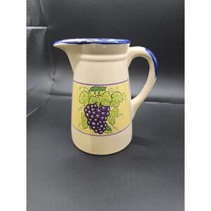 Vtg 20th Century Ceramic Pitcher With Grape Motif And Blue Trim